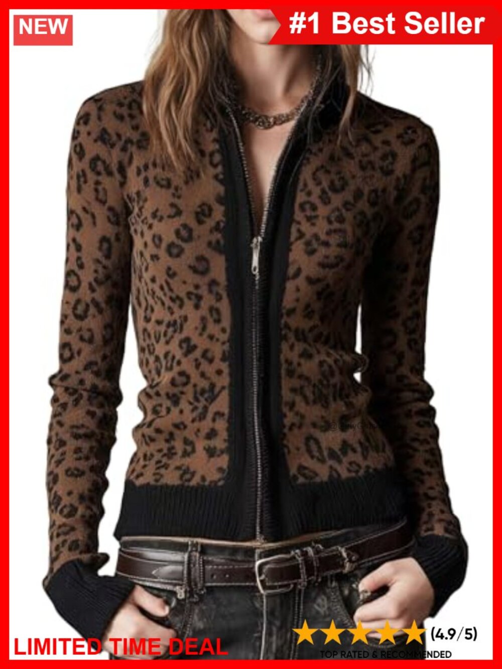 Leopard Print Zip Up Cardigan Slim Fit Long Sleeve V-Neck Sweater Coat